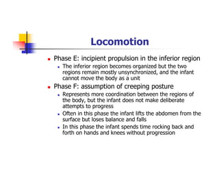Locomotion
Phase E: incipient propulsion in the inferior region
The inferior region becomes organized but the two
regions remain mostly unsynchronized, and the infant
cannot move the body as a unit
Phase F: assumption of creeping posture
Represents more coordination between the regions of
the body, but the infant does not make deliberate
attempts to progress
Often in this phase the infant lifts the abdomen from the
surface but loses balance and falls
In this phase the infant spends time rocking back and
forth on hands and knees without progression
 
