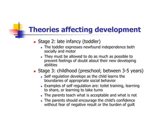 Theories affecting development
Stage 2: late infancy (toddler)
The toddler expresses newfound independence both
socially and motor
They must be allowed to do as much as possible to
prevent feelings of doubt about their new developing
abilities
Stage 3: childhood (preschool; between 3-5 years)
Self regulation develops as the child learns the
boundaries of appropriate social behavior
Examples of self regulation are: toilet training, learning
to share, or learning to take turns
The parents teach what is acceptable and what is not
The parents should encourage the child’s confidence
without fear of negative result or the burden of guilt
 