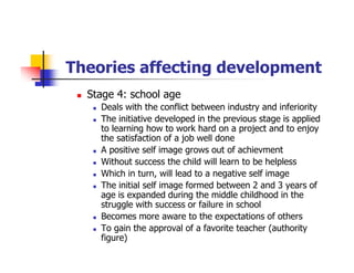 Theories affecting development
Stage 4: school age
Deals with the conflict between industry and inferiority
The initiative developed in the previous stage is applied
to learning how to work hard on a project and to enjoy
the satisfaction of a job well done
A positive self image grows out of achievment
Without success the child will learn to be helpless
Which in turn, will lead to a negative self image
The initial self image formed between 2 and 3 years of
age is expanded during the middle childhood in the
struggle with success or failure in school
Becomes more aware to the expectations of others
To gain the approval of a favorite teacher (authority
figure)
 