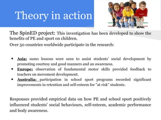 Theory in action
The SpinED project: This investigation has been developed to show the
benefits of PE and sport on children.
Over 50 countries worldwide participate in the research:


•   Asia: sumo lessons were seen to assist students’ social development by
    promoting courtesy and good manners and an awareness.
•   Europe: observation of fundamental motor skills provided feedback to
    teachers on movement development.
•   Australia: participation in school sport programs recorded significant
    improvements in retention and self-esteem for "at risk" students.


Responses provided empirical data on how PE and school sport positively
influenced students' social behaviours, self-esteem, academic performance
and body awareness.
 
