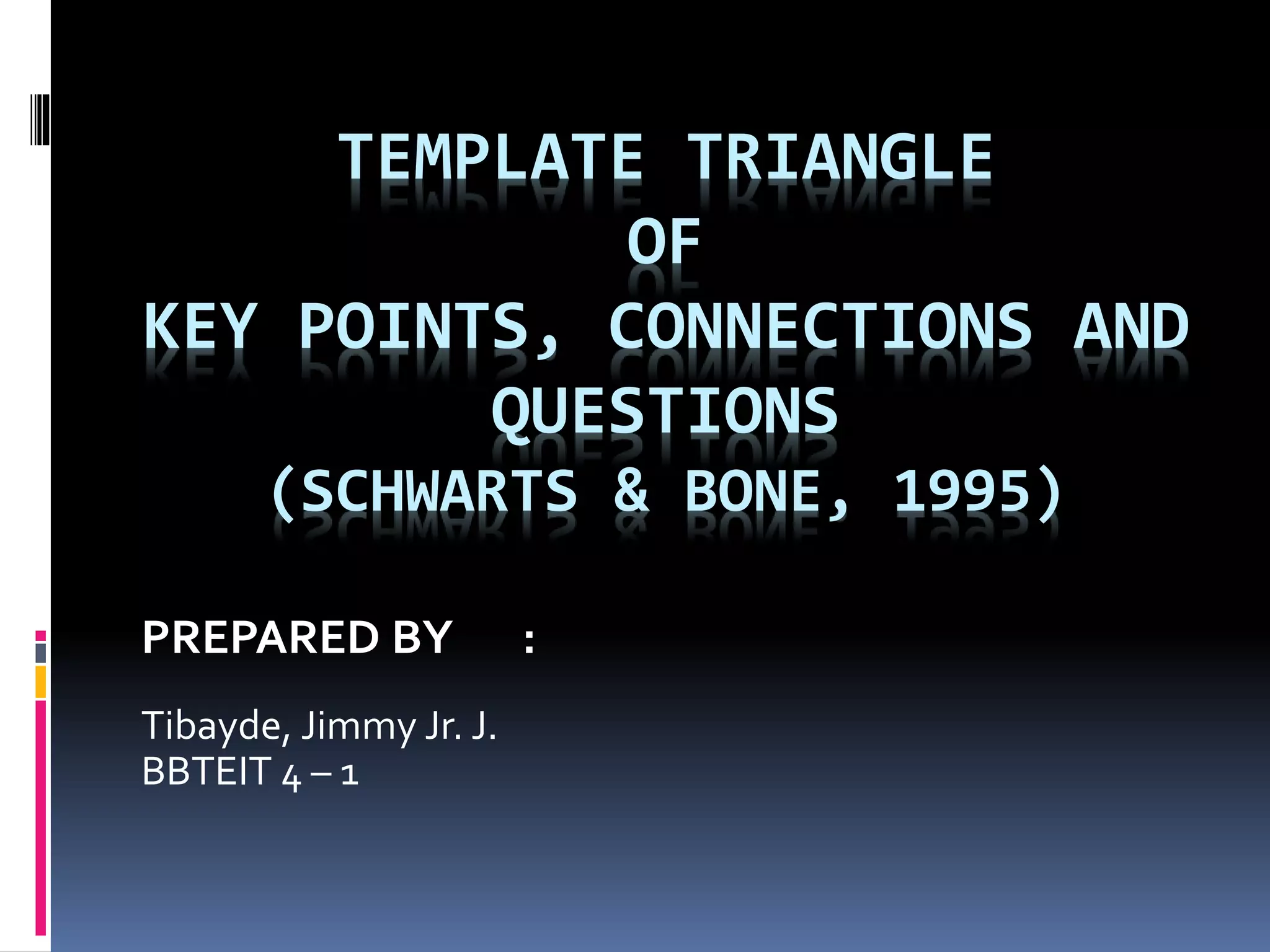 TEMPLATE TRIANGLE
OF
KEY POINTS, CONNECTIONS AND
QUESTIONS
(SCHWARTS & BONE, 1995)
PREPARED BY :
Tibayde, Jimmy Jr. J.
BBTEIT 4 – 1
