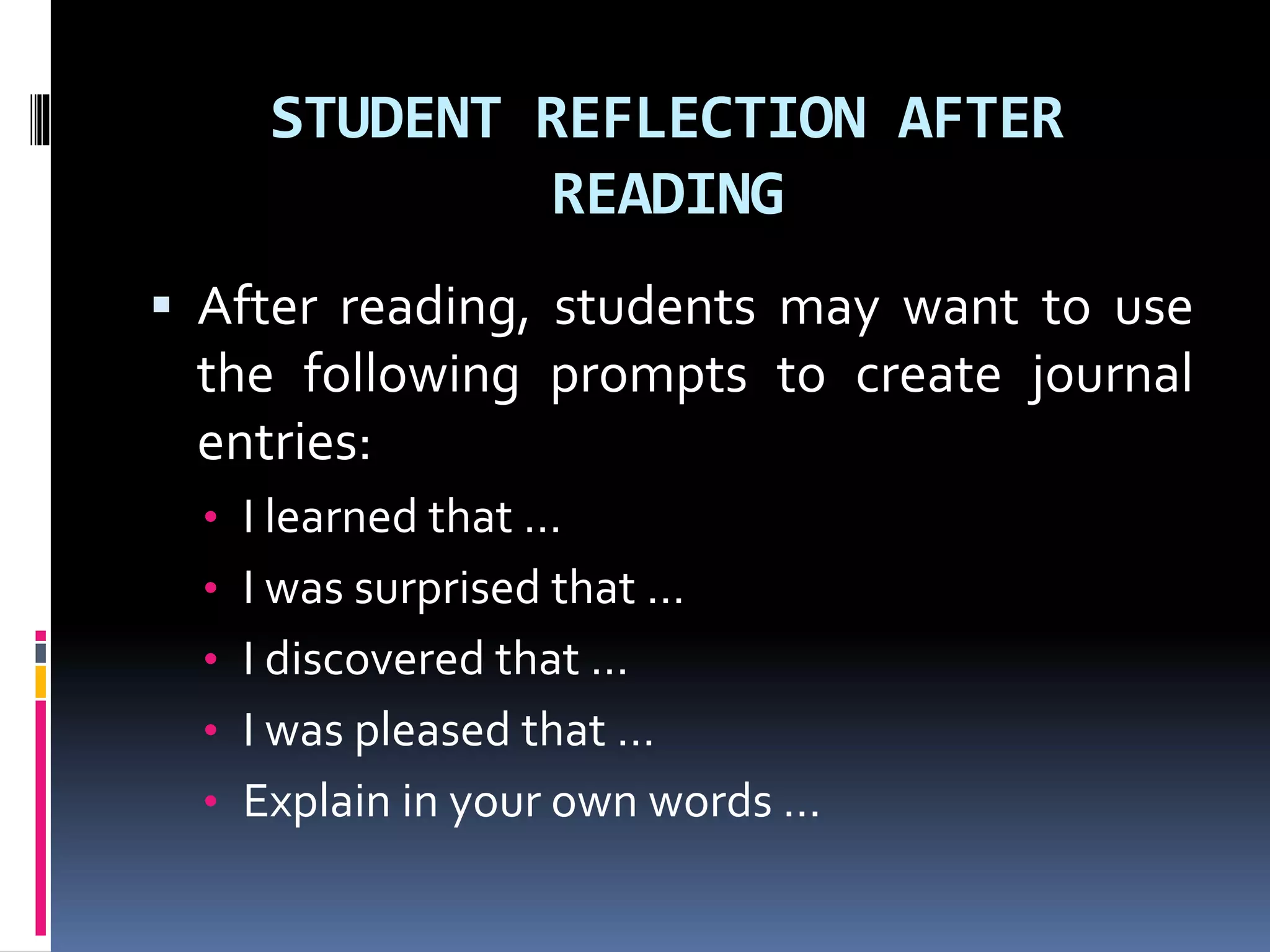 STUDENT REFLECTION AFTER
READING
After reading, students may want to use
the following prompts to create journal
entries:
• I learned that …
• I was surprised that …
• I discovered that …
• I was pleased that …
• Explain in your own words …