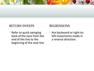 RETURN SWEEPS
 Refer to quick swinging
back of the eyes from the
end of the line to the
beginning of the next line
REGRESSIONS
 Are backward or right-to-
left movements made in
a reverse direction .
 