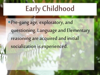 Early Childhood
Pre-gang age, exploratory, and
questioning. Language and Elementary
reasoning are acquired and initial
socialization is experienced.
 