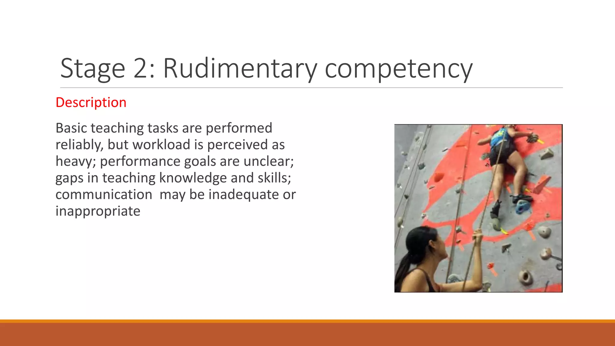 Stage 2: Rudimentary competency
Description
Basic teaching tasks are performed
reliably, but workload is perceived as
heavy; performance goals are unclear;
gaps in teaching knowledge and skills;
communication may be inadequate or
inappropriate
 