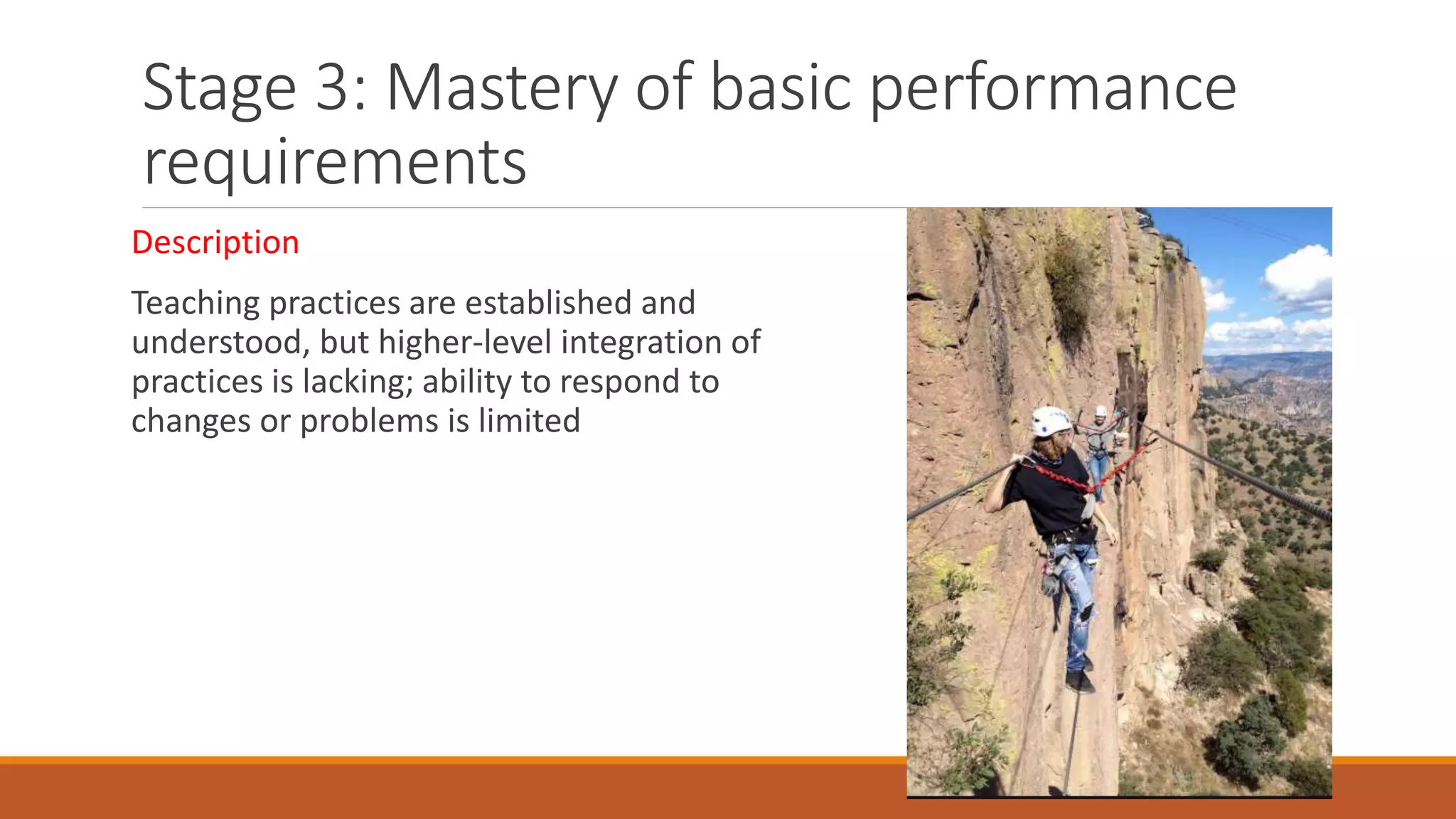 Stage 3: Mastery of basic performance
requirements
Description
Teaching practices are established and
understood, but higher-level integration of
practices is lacking; ability to respond to
changes or problems is limited
 