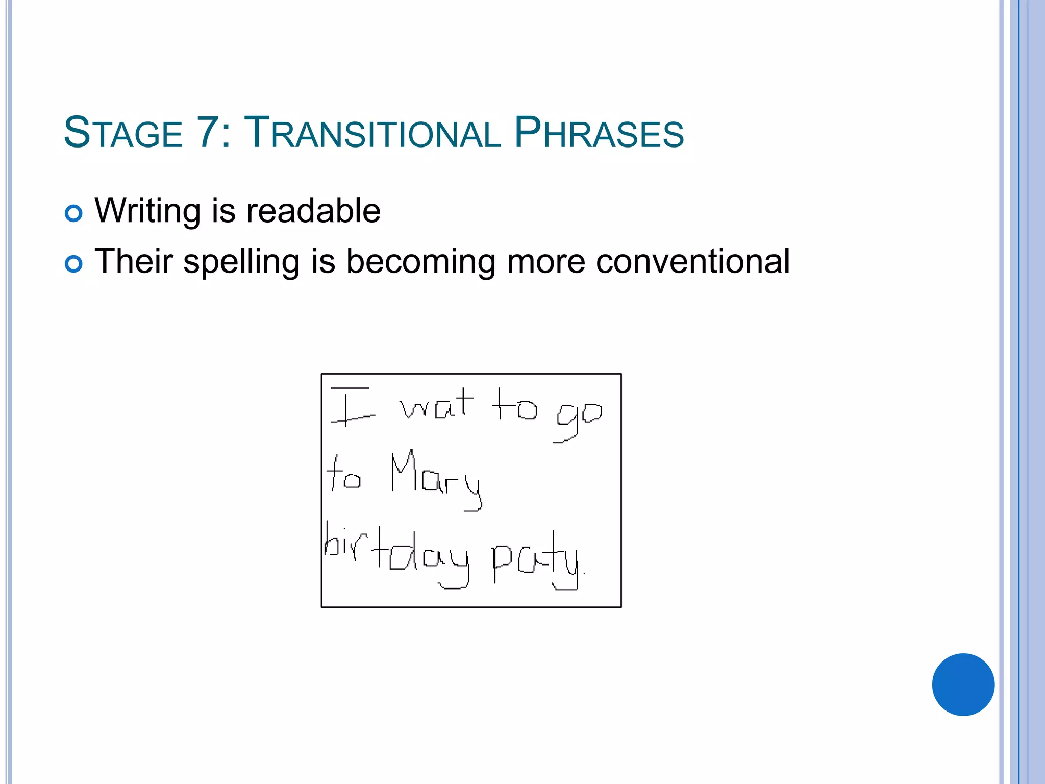 Stage 7: Transitional PhrasesWriting is readableTheir spelling is becoming more conventional