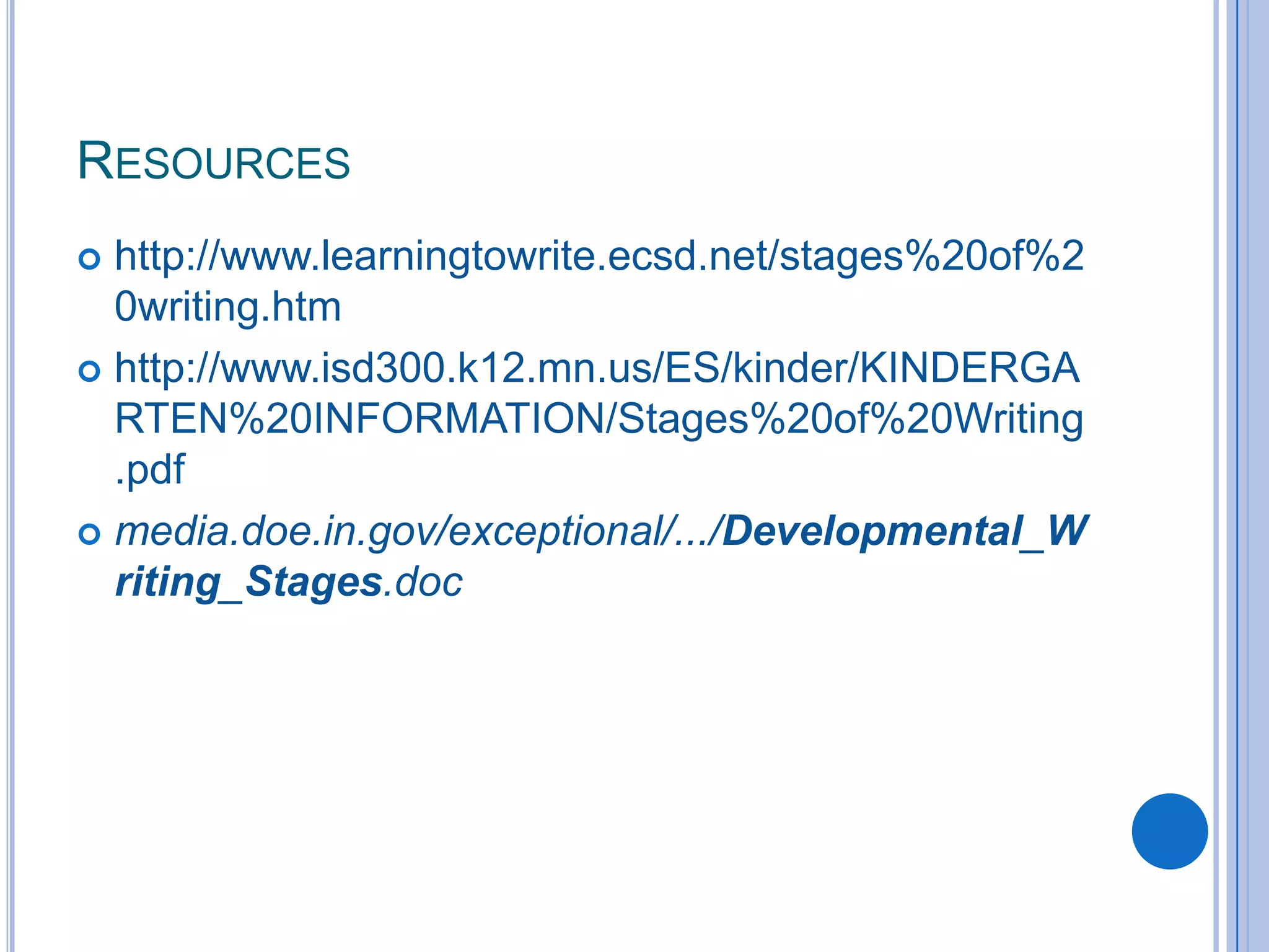 Resourceshttp://www.learningtowrite.ecsd.net/stages%20of%20writing.htmhttp://www.isd300.k12.mn.us/ES/kinder/KINDERGARTEN%20INFORMATION/Stages%20of%20Writing.pdfmedia.doe.in.gov/exceptional/.../Developmental_Writing_Stages.doc