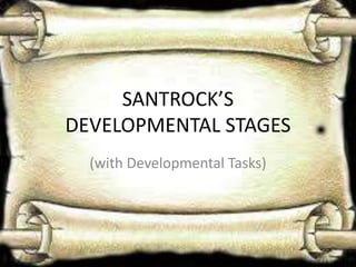 SANTROCK’S
DEVELOPMENTAL STAGES
(with Developmental Tasks)
 