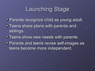 Launching StageLaunching Stage
Parents recognize child as young adult.Parents recognize child as young adult.
Teens share plans with parents andTeens share plans with parents and
siblings.siblings.
Teens show new needs with parents.Teens show new needs with parents.
Parents and teens revise self-images asParents and teens revise self-images as
teens become more independent.teens become more independent.
 