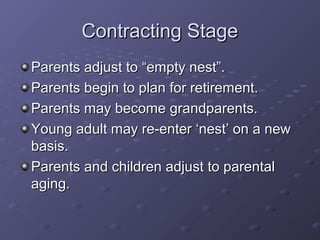 Contracting StageContracting Stage
Parents adjust to “empty nest”.Parents adjust to “empty nest”.
Parents begin to plan for retirement.Parents begin to plan for retirement.
Parents may become grandparents.Parents may become grandparents.
Young adult may re-enter ‘nest’ on a newYoung adult may re-enter ‘nest’ on a new
basis.basis.
Parents and children adjust to parentalParents and children adjust to parental
aging.aging.
 