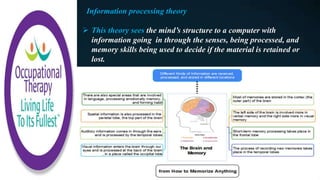Information processing theory
 This theory sees the mind’s structure to a computer with
information going in through the senses, being processed, and
memory skills being used to decide if the material is retained or
lost.
 