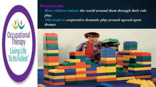 Dramatic play
- Here children imitate the world around them through their role
play.
- This leads to cooperative dramatic play around agreed-upon
themes
 
