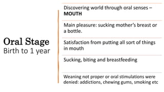Oral Stage
Birth to 1 year
Discovering world through oral senses –
MOUTH
Main pleasure: sucking mother’s breast or
a bottle.
Satisfaction from putting all sort of things
in mouth
Sucking, biting and breastfeeding
Weaning not proper or oral stimulations were
denied: addictions, chewing gums, smoking etc
 