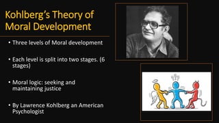 Kohlberg’s Theory of
Moral Development
• Three levels of Moral development
• Each level is split into two stages. (6
stages)
• Moral logic: seeking and
maintaining justice
• By Lawrence Kohlberg an American
Psychologist
 