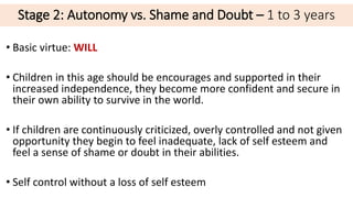 Stage 2: Autonomy vs. Shame and Doubt – 1 to 3 years
• Basic virtue: WILL
• Children in this age should be encourages and supported in their
increased independence, they become more confident and secure in
their own ability to survive in the world.
• If children are continuously criticized, overly controlled and not given
opportunity they begin to feel inadequate, lack of self esteem and
feel a sense of shame or doubt in their abilities.
• Self control without a loss of self esteem
 