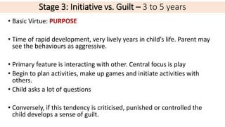 Stage 3: Initiative vs. Guilt – 3 to 5 years
• Basic Virtue: PURPOSE
• Time of rapid development, very lively years in child’s life. Parent may
see the behaviours as aggressive.
• Primary feature is interacting with other. Central focus is play
• Begin to plan activities, make up games and initiate activities with
others.
• Child asks a lot of questions
• Conversely, if this tendency is criticised, punished or controlled the
child develops a sense of guilt.
 