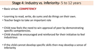 Stage 4: Industry vs. Inferiority- 5 to 12 years
• Basic virtue: COMPETENCY
• Learning to read, write, do sums and do things on their own.
• Teacher begin to take an important role
• Child now feels the need to win approval of peer by demonstrating
specific competencies.
• Child should be encouraged and reinforced for their initiative to feel
industrious
• If the child cannot develop specific skills then may develop a sense of
Inferiority
 