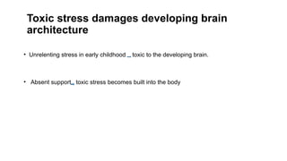 Toxic stress damages developing brain
architecture
• Unrelenting stress in early childhood toxic to the developing brain.
• Absent support toxic stress becomes built into the body
 