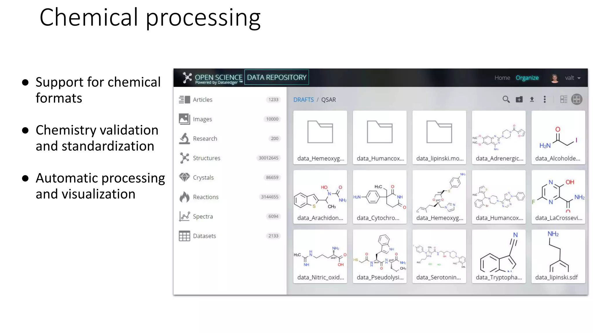 Chemical processing
● Support for chemical
formats
● Chemistry validation
and standardization
● Automatic processing
and visualization
 