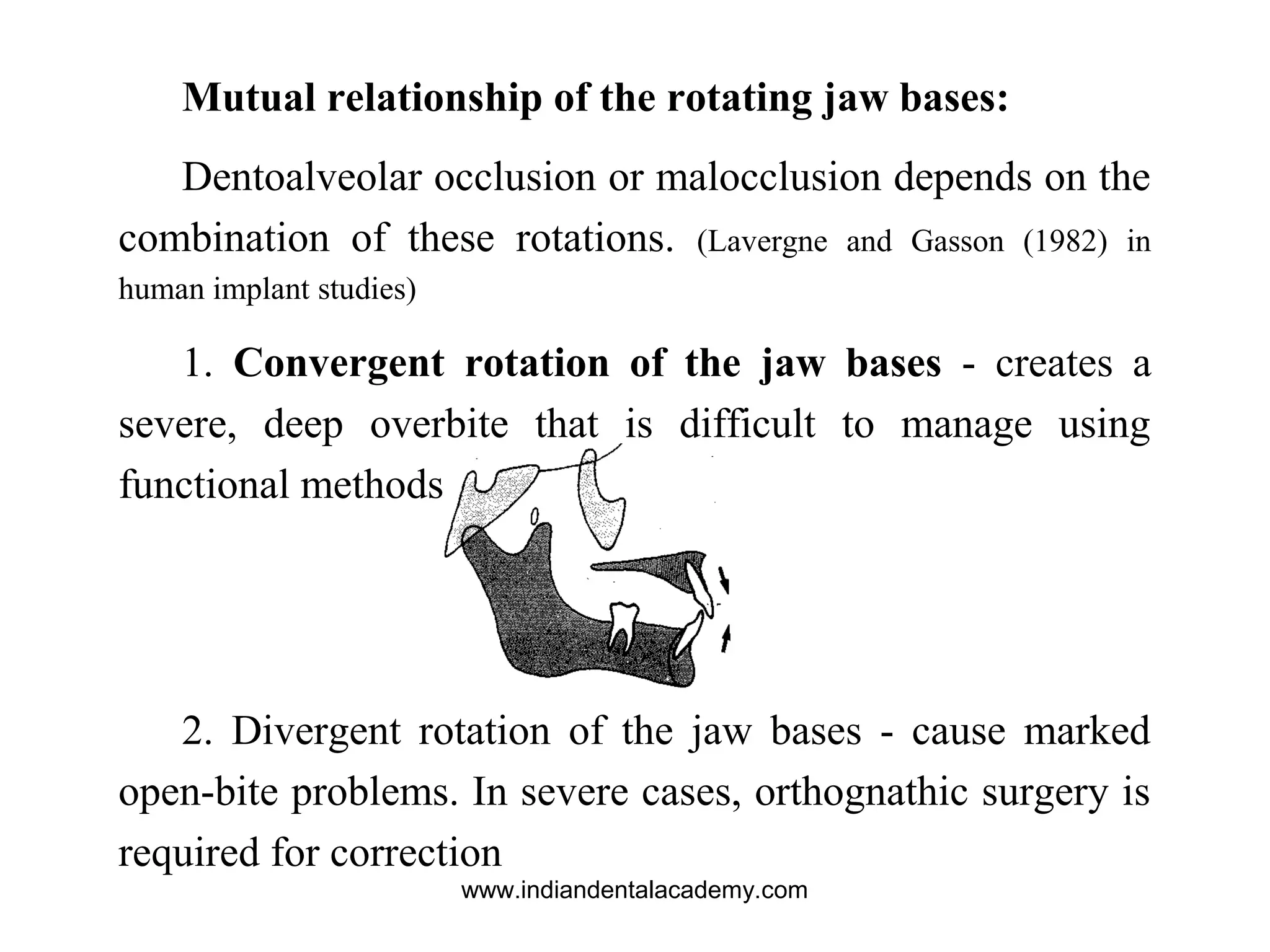 Mutual relationship of the rotating jaw bases:
Dentoalveolar occlusion or malocclusion depends on the
combination of these rotations. (Lavergne and Gasson (1982) in
human implant studies)
1. Convergent rotation of the jaw bases - creates a
severe, deep overbite that is difficult to manage using
functional methods.
2. Divergent rotation of the jaw bases - cause marked
open-bite problems. In severe cases, orthognathic surgery is
required for correction
www.indiandentalacademy.com
 
