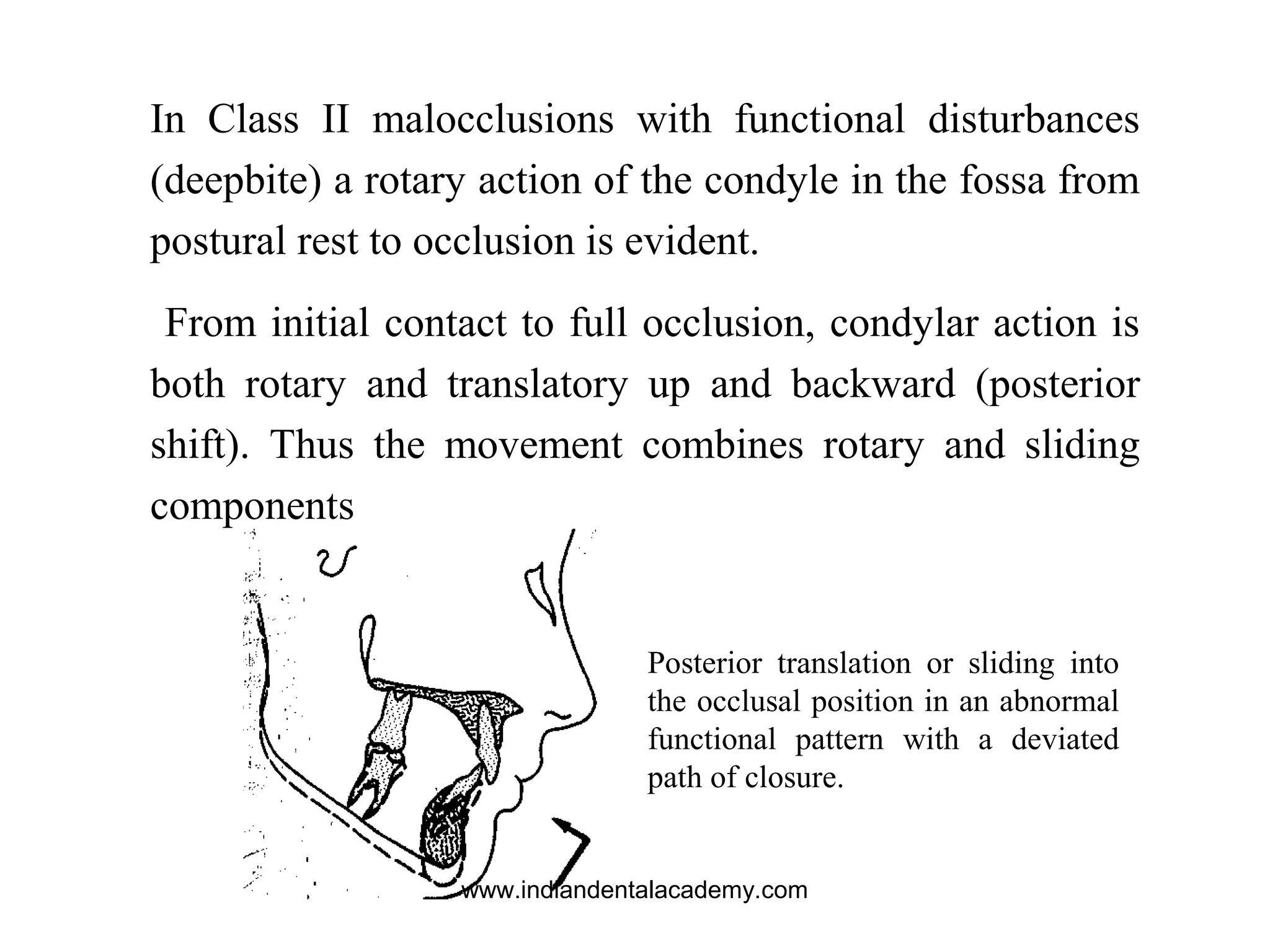 In Class II malocclusions with functional disturbances
(deepbite) a rotary action of the condyle in the fossa from
postural rest to occlusion is evident.
From initial contact to full occlusion, condylar action is
both rotary and translatory up and backward (posterior
shift). Thus the movement combines rotary and sliding
components
Posterior translation or sliding into
the occlusal position in an abnormal
functional pattern with a deviated
path of closure.
www.indiandentalacademy.com
 