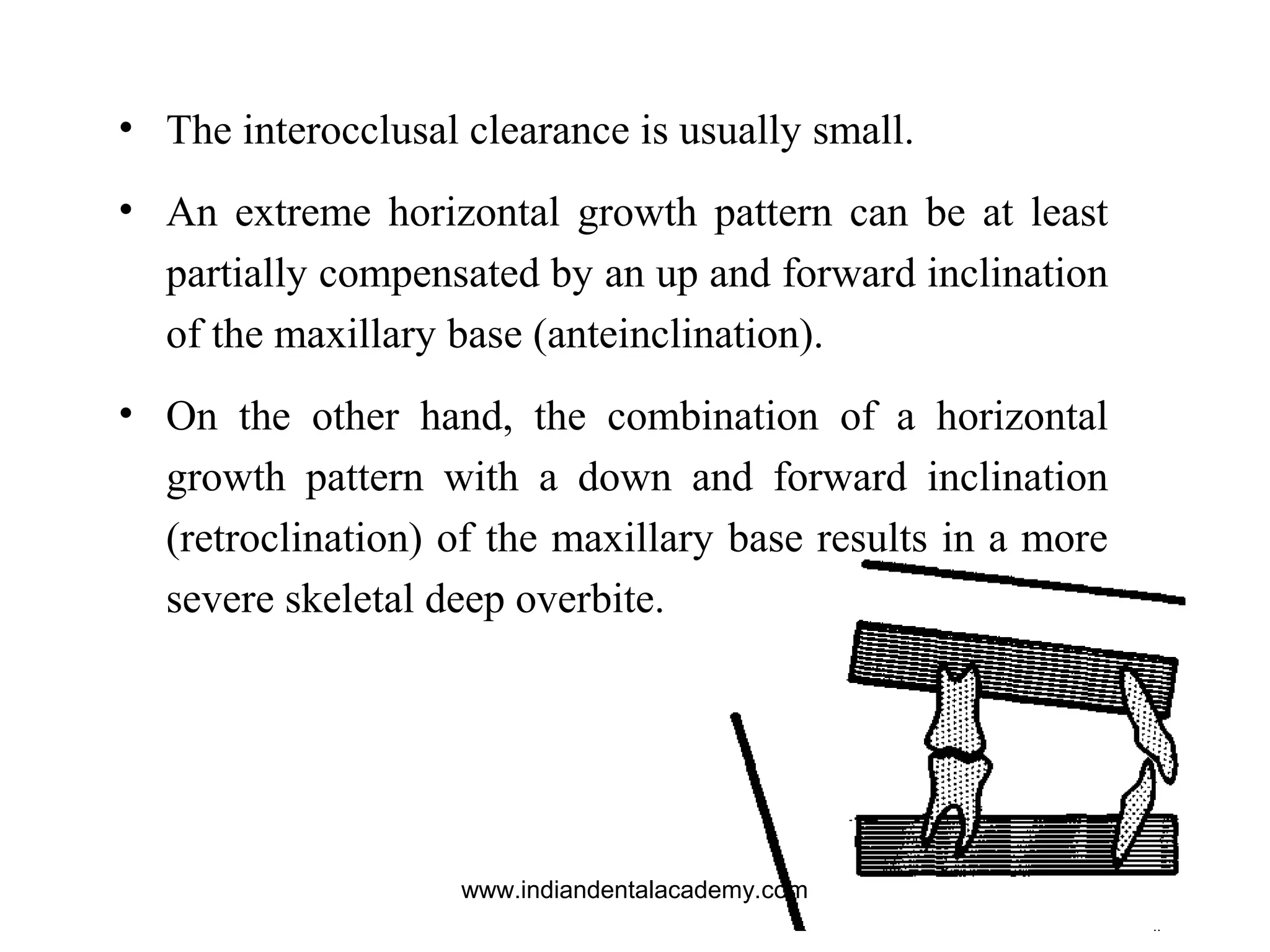 • The interocclusal clearance is usually small.
• An extreme horizontal growth pattern can be at least
partially compensated by an up and forward inclination
of the maxillary base (anteinclination).
• On the other hand, the combination of a horizontal
growth pattern with a down and forward inclination
(retroclination) of the maxillary base results in a more
severe skeletal deep overbite.
www.indiandentalacademy.com
 