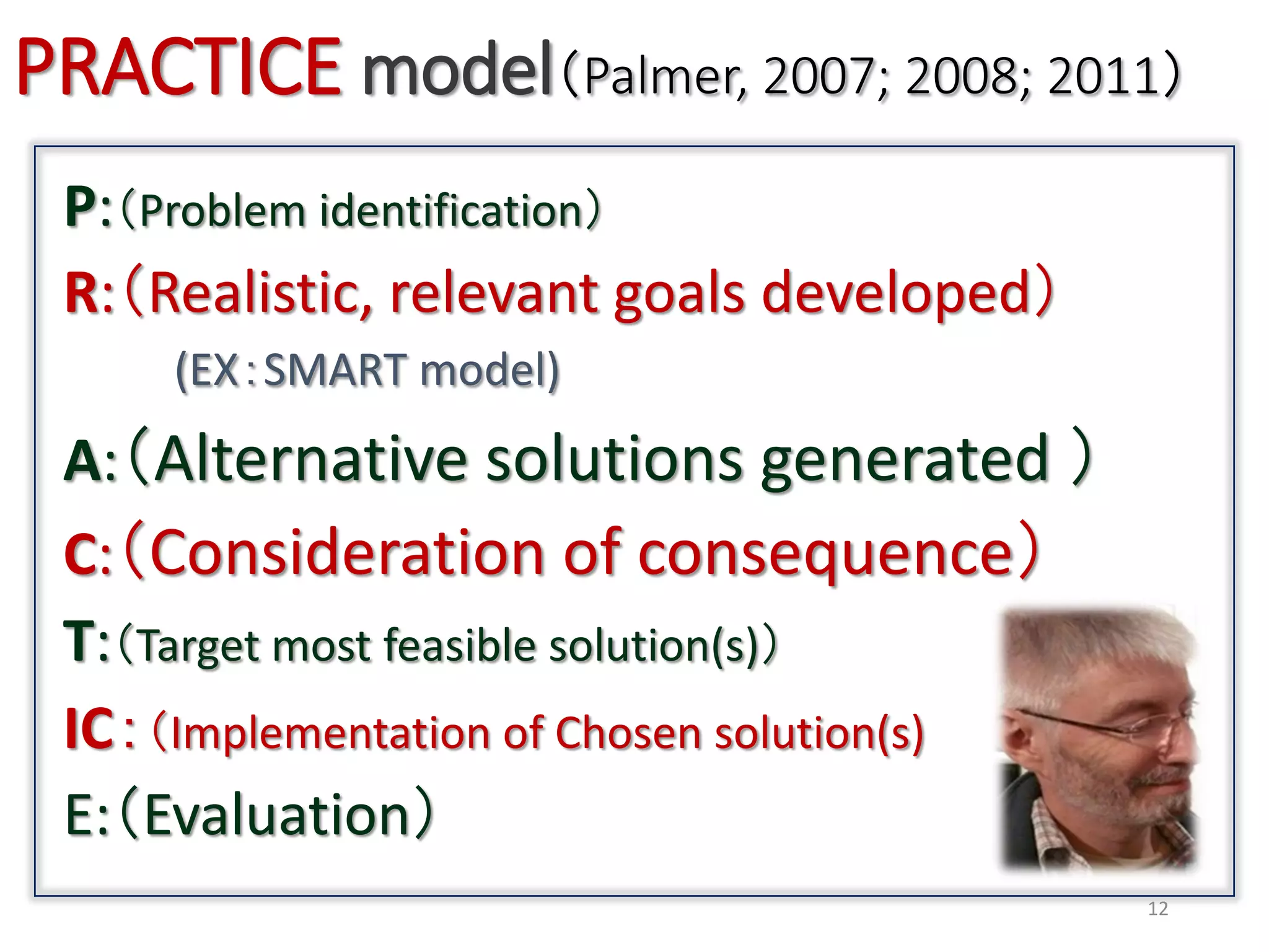 PRACTICE model（Palmer, 2007; 2008; 2011）
P:（Problem identification）
R:（Realistic, relevant goals developed）
(EX：SMART model)
A:（Alternative solutions generated ）
C:（Consideration of consequence）
T:（Target most feasible solution(s)）
IC：（Implementation of Chosen solution(s)
E:（Evaluation）
12
 