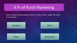 4 Ps of Rural Marketing
Every Product and promotion, which is a hit in cities , might not work
in rural areas.
Product
Promotion
Price
Place
 