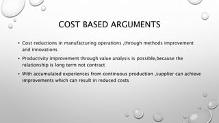 COST BASED ARGUMENTS
• Cost reductions in manufacturing operations ,through methods improvement
and innovations
• Productivity improvement through value analysis is possible,because the
relationship is long term not contract
• With accumulated experiences from continuous production ,supplier can achieve
improvements which can result in reduced costs
13
 