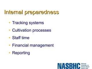 Internal preparedness Tracking systems Cultivation processes Staff time Financial management Reporting 