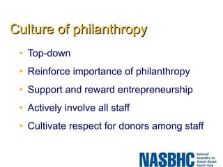 Culture of philanthropy Top-down Reinforce importance of philanthropy Support and reward entrepreneurship Actively involve all staff Cultivate respect for donors among staff 