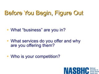 Before You Begin, Figure Out What “business” are you in? What services do you offer and why are you offering them? Who is your competition? 