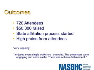 Outcomes 720 Attendees $50,000 raised State affiliation process started High praise from attendees “ Very inspiring” “ I enjoyed every single workshop I attended. The presenters were engaging and enthusiastic. There was not one dull moment. “ 