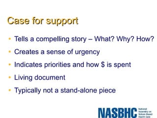 Case for support Tells a compelling story – What? Why? How? Creates a sense of urgency Indicates priorities and how $ is spent Living document Typically not a stand-alone piece 