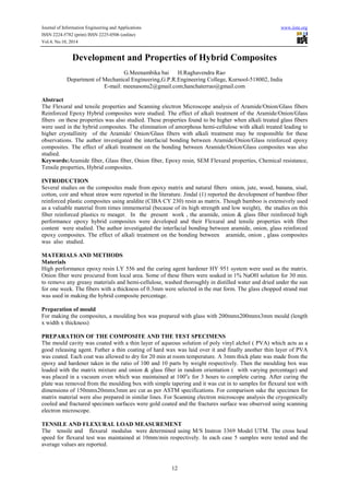 Journal of Information Engineering and Applications www.iiste.org
ISSN 2224-5782 (print) ISSN 2225-0506 (online)
Vol.4, No.10, 2014
12
Development and Properties of Hybrid Composites
G.Meenambika bai H.Raghavendra Rao
Department of Mechanical Engineering,G.P.R.Engineering College, Kurnool-518002, India
E-mail: meenasonu2@gmail.com;hanchaterrao@gmail.com
Abstract
The Flexural and tensile properties and Scanning electron Microscope analysis of Aramide/Onion/Glass fibers
Reinforced Epoxy Hybrid composites were studied. The effect of alkali treatment of the Aramide/Onion/Glass
fibers on these properties was also studied. These properties found to be higher when alkali treated glass fibers
were used in the hybrid composites. The elimination of amorphous hemi-cellulose with alkali treated leading to
higher crystallinity of the Aramide/ Onion/Glass fibers with alkali treatment may be responsible for these
observations. The author investigated the interfacial bonding between Aramide/Onion/Glass reinforced epoxy
composites. The effect of alkali treatment on the bonding between Aramide/Onion/Glass composites was also
studied.
Keywords:Aramide fiber, Glass fiber, Onion fiber, Epoxy resin, SEM Flexural properties, Chemical resistance,
Tensile properties, Hybrid composites.
INTRODUCTION
Several studies on the composites made from epoxy matrix and natural fibers onion, jute, wood, banana, sisal,
cotton, coir and wheat straw were reported in the literature. Jindal (1) reported the development of bamboo fiber
reinforced plastic composites using araldite (CIBA CY 230) resin as matrix. Though bamboo is extensively used
as a valuable material from times immemorial (because of its high strength and low weight), the studies on this
fiber reinforced plastics re meager. In the present work , the aramide, onion & glass fiber reinforced high
performance epoxy hybrid composites were developed and their Flexural and tensile properties with fiber
content were studied. The author investigated the interfacial bonding between aramide, onion, glass reinforced
epoxy composites. The effect of alkali treatment on the bonding between aramide, onion , glass composites
was also studied.
MATERIALS AND METHODS
Materials
High performance epoxy resin LY 556 and the curing agent hardener HY 951 system were used as the matrix.
Onion fiber were procured from local area. Some of these fibers were soaked in 1% NaOH solution for 30 min.
to remove any greasy materials and hemi-cellulose, washed thoroughly in distilled water and dried under the sun
for one week. The fibers with a thickness of 0.3mm were selected in the mat form. The glass chopped strand mat
was used in making the hybrid composite percentage.
Preparation of mould
For making the composites, a moulding box was prepared with glass with 200mmx200mmx3mm mould (length
x width x thickness)
PREPARATION OF THE COMPOSITE AND THE TEST SPECIMENS
The mould cavity was coated with a thin layer of aqueous solution of poly vinyl alchol ( PVA) which acts as a
good releasing agent. Futher a thin coating of hard wax was laid over it and finally another thin layer of PVA
was coated. Each coat was allowed to dry for 20 min at room temperature. A 3mm thick plate was made from the
epoxy and hardener taken in the ratio of 100 and 10 parts by weight respectively. Then the moulding box was
loaded with the matrix mixture and onion & glass fiber in random orientation ( with varying percentage) and
was placed in a vacuum oven which was maintained at 100o
c for 3 hours to complete curing. After curing the
plate was removed from the moulding box with simple tapering and it was cut in to samples for flexural test with
dimensions of 150mmx20mmx3mm are cut as per ASTM specifications. For comparison sake the specimen for
matrix material were also prepared in similar lines. For Scanning electron microscope analysis the cryogenically
cooled and fractured specimen surfaces were gold coated and the fractures surface was observed using scanning
electron microscope.
TENSILE AND FLEXURAL LOAD MEASUREMENT
The tensile and flexural modulus were determined using M/S Instron 3369 Model UTM. The cross head
speed for flexural test was maintained at 10mm/min respectively. In each case 5 samples were tested and the
average values are reported.
 