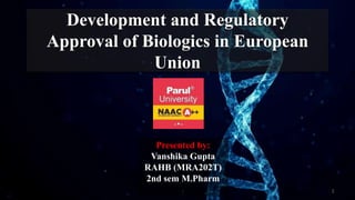 Development and Regulatory
Approval of Biologics in European
Union
1
Presented by:
Vanshika Gupta
RAHB (MRA202T)
2nd sem M.Pharm
(RA)
 