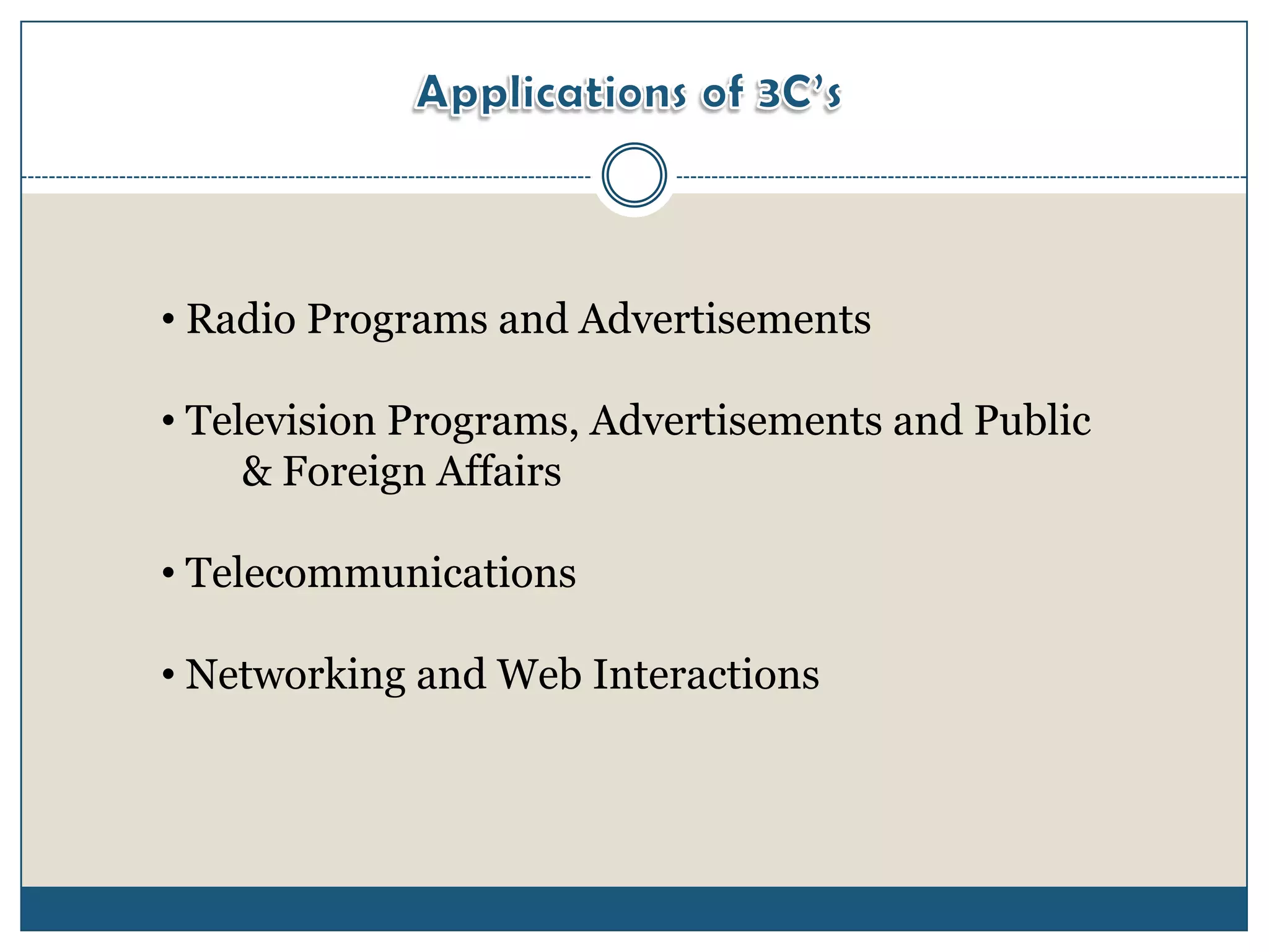 • Radio Programs and Advertisements

• Television Programs, Advertisements and Public
     & Foreign Affairs

• Telecommunications

• Networking and Web Interactions
 