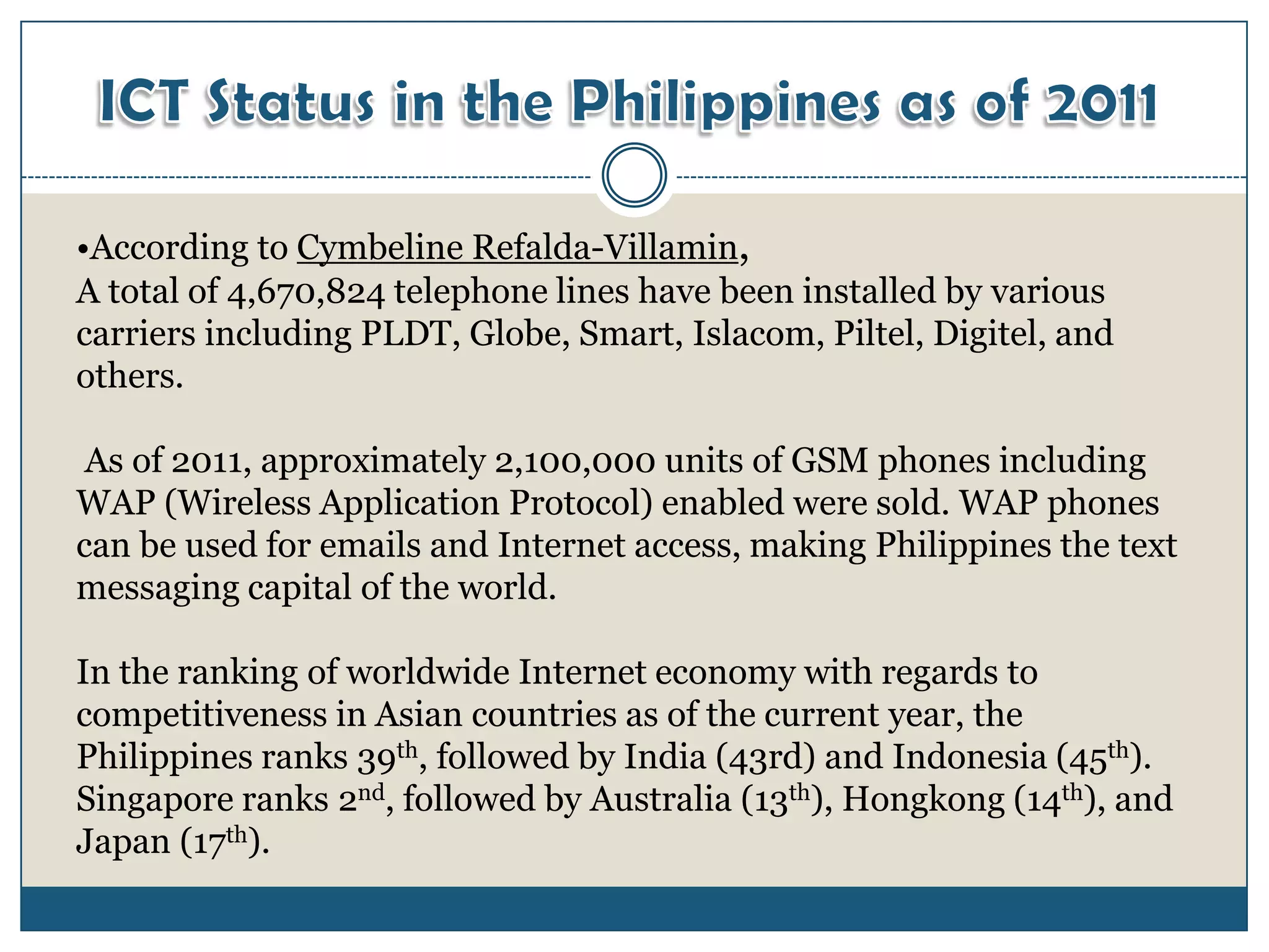 •According to Cymbeline Refalda-Villamin,
A total of 4,670,824 telephone lines have been installed by various
carriers including PLDT, Globe, Smart, Islacom, Piltel, Digitel, and
others.

 As of 2011, approximately 2,100,000 units of GSM phones including
WAP (Wireless Application Protocol) enabled were sold. WAP phones
can be used for emails and Internet access, making Philippines the text
messaging capital of the world.

In the ranking of worldwide Internet economy with regards to
competitiveness in Asian countries as of the current year, the
Philippines ranks 39th, followed by India (43rd) and Indonesia (45th).
Singapore ranks 2nd, followed by Australia (13th), Hongkong (14th), and
Japan (17th).
 