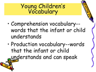Young Children’s
Vocabulary
• Comprehension vocabulary--
words that the infant or child
understands
• Production vocabulary--words
that the infant or child
understands and can speak
 