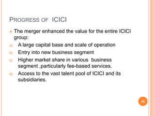 PROGRESS OF ICICI
 The merger enhanced the value for the entire ICICI
group:
a) A large capital base and scale of operation
b) Entry into new business segment
c) Higher market share in various business
segment ,particularly fee-based services.
d) Access to the vast talent pool of ICICI and its
subsidiaries.
25
 