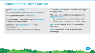 Source Control: Best Practices
Commit early and often:
Commits should be small and should work together.
Push code to the system at least daily.
Accompany every commit with a short description
of what is being committed.
Code should be assigned to one of at least
four branches:
Trunk, development, integration, and break-fix.
Additional R&D branches can be created simply
for trying ideas.
Make sure releases to QA and production are
tagged centrally.
• Tag release 1.0 as Production_Release_1.0.
• Tags are never modified after they are created.
Don’t push code that does not build or pass
unit tests.
Do push code that builds, but may not be
perfect yet.
 