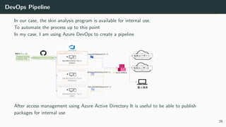 DevOps Pipeline
In our case, the skin analysis program is available for internal use.
To automate the process up to this point
In my case, I am using Azure DevOps to create a pipeline
After access management using Azure Active Directory It is useful to be able to publish
packages for internal use
26
 