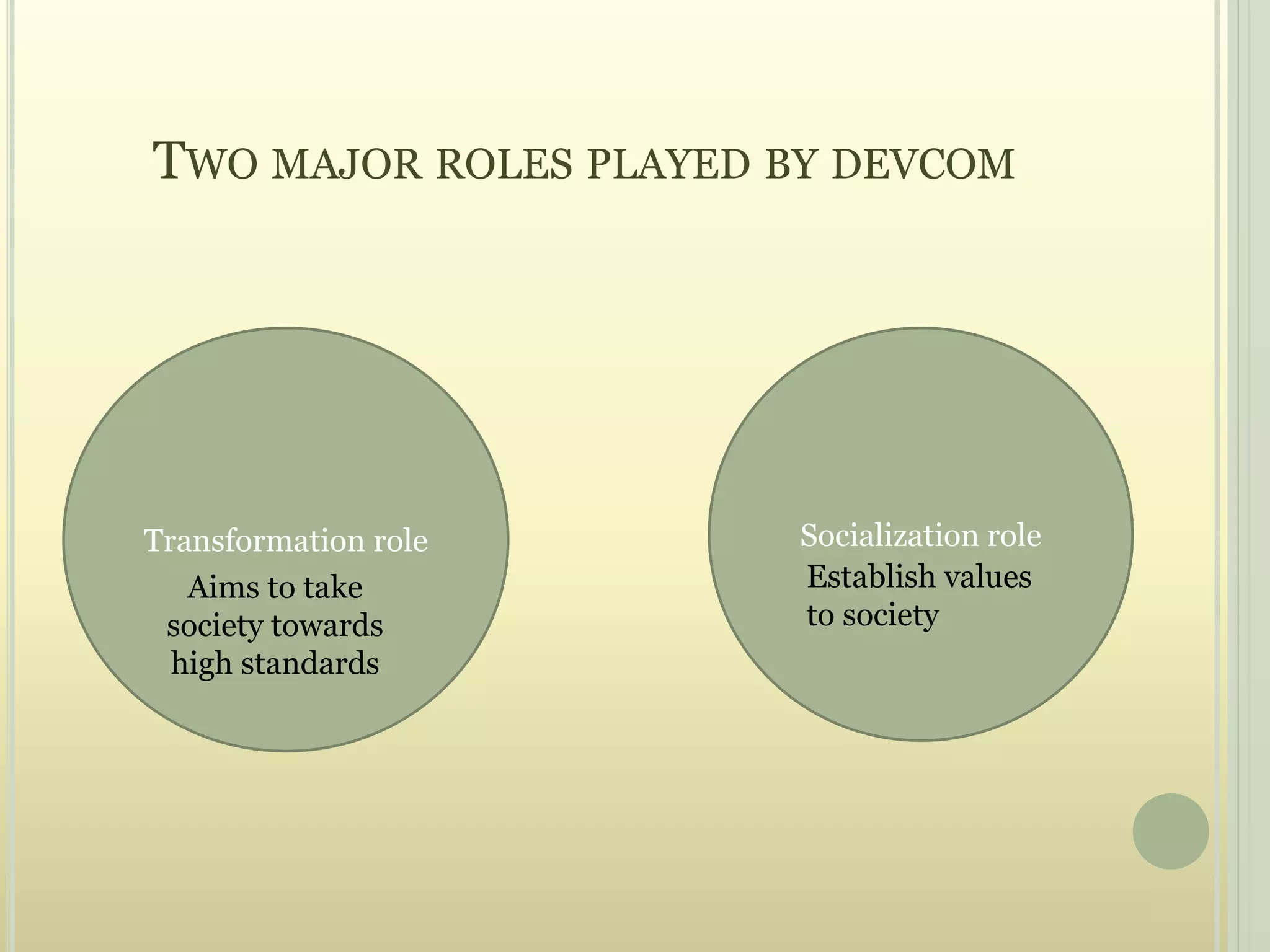 TWO MAJOR ROLES PLAYED BY DEVCOM
Transformation role Socialization role
Aims to take
society towards
high standards
Establish values
to society
 