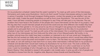 WEEK
NINE
• On my production schedule I stated that this week I wanted to ‘Try meet up with some of the interviewees,
find poems and create some illustrations.’ And to do that I would ‘Contact interviewees asking to meet them
in person if possible. Scroll through Instagram finding poems- contact the people to see whether I can use
them with credit. Create the poem illustrations as well as front cover illustrations.’ This was the aim of this
week, I have still been contacting people on Instagram to see if they will take part in my interview. The one
problem that I have faced is the location of the people who I have interviewed. At the start of my project, I had
this big idea that I would interview people all around the world and see what different role models they have
no matter what their gender is. I’m very proud to say this as I thought it was going to be impossible to find
people and to persuade them to do my interview but I have managed to do this idea. In my production
schedule it says that I would ‘Try meet up with some of the interviewees’ this is something which is impossible
when two of my interviewees are from India and the other one is from Massachusetts. But luckily, in my
problem solving knew this might have been a problem so I planned to do it all over email and Instagram, I
feel like this has worked out really well as I have taken the interview questions which I would have asked them
face to face into a word document and emailed it over to them. This has been my only problem throughout
this week, as I am still waiting to hear back from so many other interviewees I referred back to my production
schedule and decided that I would start making my illustrations for my front cover. This took a whole day
creating several celebrity role models. I think the only thing I got stuck on is who I could have on my front
cover, I used my knowledge of who I thought was my role model- Nelson Mandela, Malala Yousafzai and
Barack Obama. I then decided to research who people’s role models were, it came up with a list of people and
I decided to choose from this list- Angelina Jolie, Beyoncé, Ariana Grande and David Beckham.
 