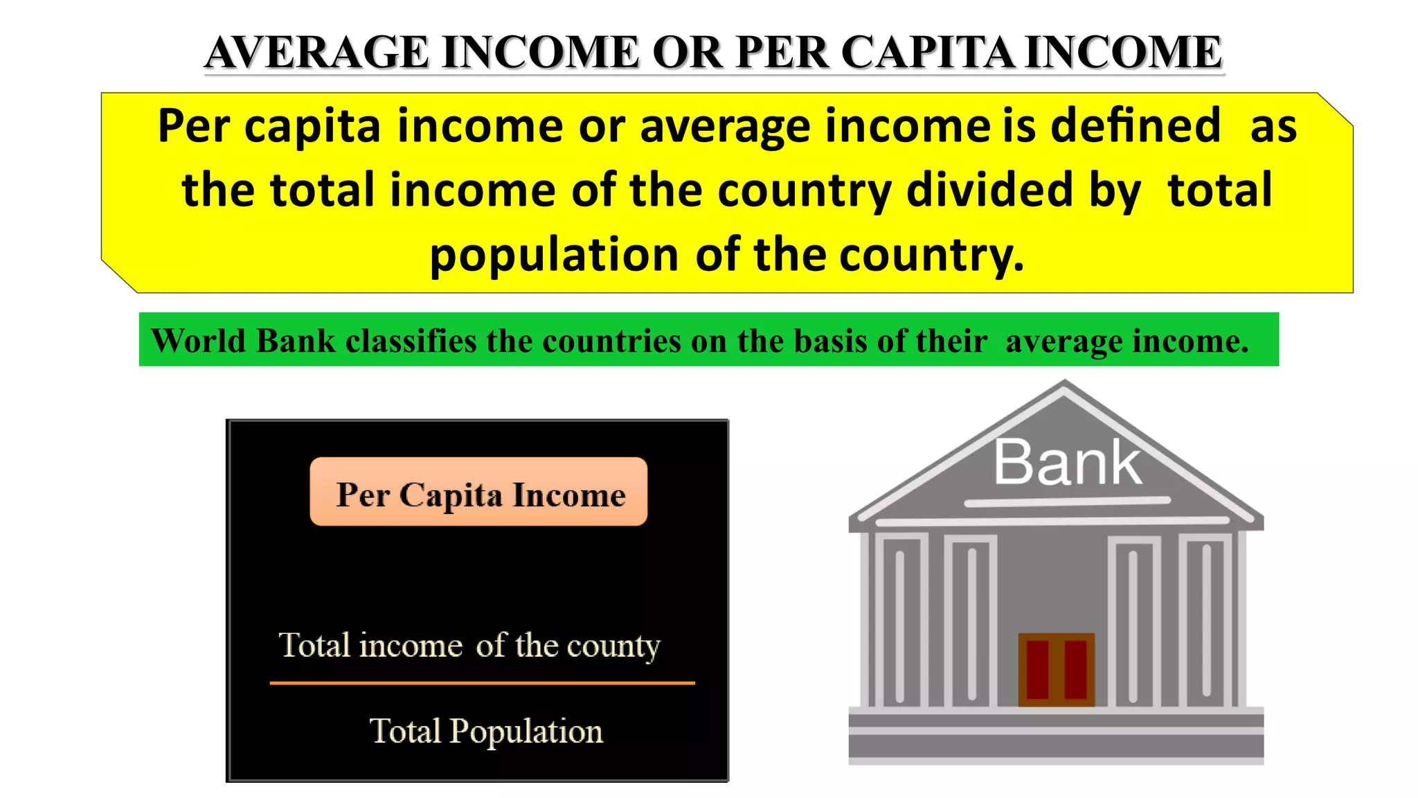 AVERAGE INCOME OR PER CAPITAINCOME
Per capita income or average income is deﬁned as
the total income of the country divided by total
population of the country.
World Bank classifies the countries on the basis of their average income.
 
