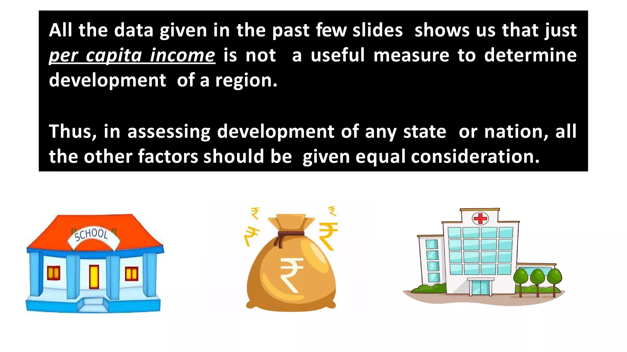 All the data given in the past few slides shows us that just
per capita income is not a useful measure to determine
development of a region.
Thus, in assessing development of any state or nation, all
the other factors should be given equal consideration.
 