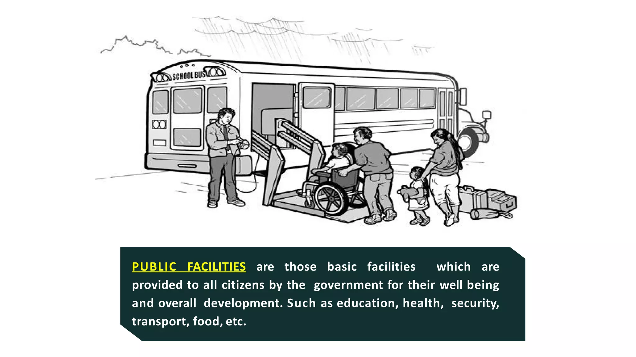 PUBLIC FACILITIES are those basic facilities which are
provided to all citizens by the government for their well being
and overall development. Such as education, health, security,
transport, food, etc.
 