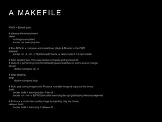 A M A K E F I L E
PWD := $(shell pwd)
# cleanup the environment
clean:
rm bin/proj-exported
docker rmi team/proj:dev
# Run NPM in a container and install tools (Gulp & Mocha) in the PWD
prepare:
docker run -it --rm -v "$(shell pwd)":/work -w /work node:4.1.2 npm install
# Start iterating live. This uses docker-compose.yml and local.df.
# GulpJS is performing a full format/build/spawn workflow on every source change.
iterate:
docker-compose up -d
# Stop iterating.
stop:
docker-compose stop
# Build proj during image build. Produce runnable image & copy out the binary
build:
docker build -t team/proj:dev -f dev.df .
docker run --rm -v $(PWD)/bin:/xfer team/proj:dev cp /go/bin/proj /xfer/proj-exported
# Produce a production quality image by injecting only the binary
release: build
docker build -t team/proj -f release.df .
 