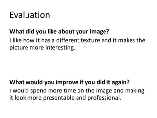 Evaluation
What did you like about your image?
I like how it has a different texture and it makes the
picture more interesting.
What would you improve if you did it again?
I would spend more time on the image and making
it look more presentable and professional.
 